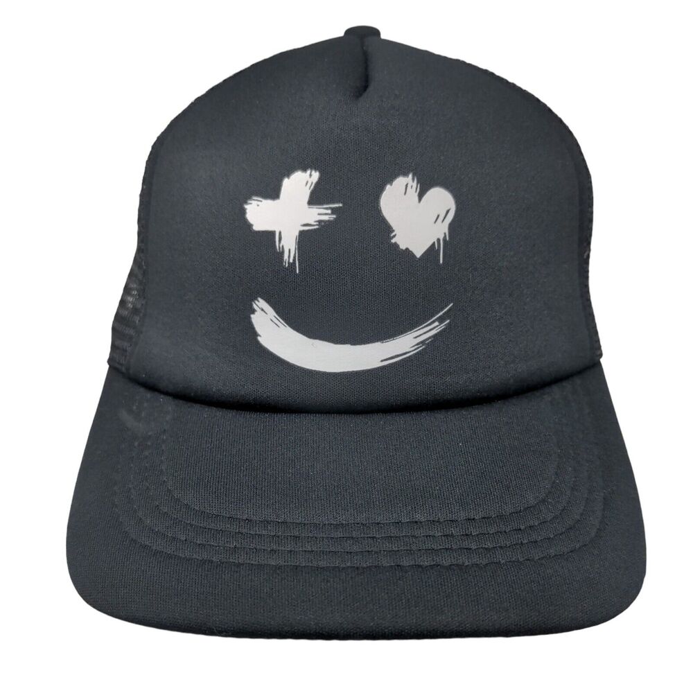 Smiling Face Snapback Mesh Back Trucker Hat Black One Size Breathable